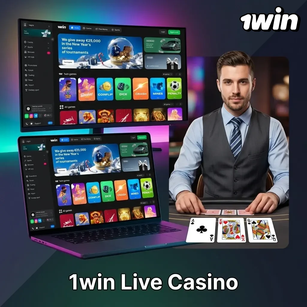 1win Live Casino table with professional dealer, multiple camera angles, and live game options including blackjack and roulette
