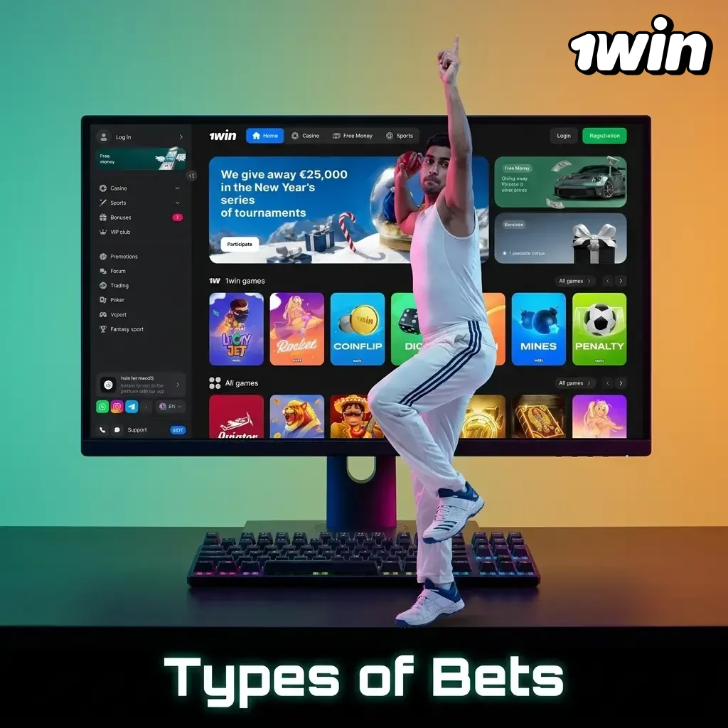 1win bet types: single, parlay accumulator with 15% boost, and system bets for Canadian players across sports and esports