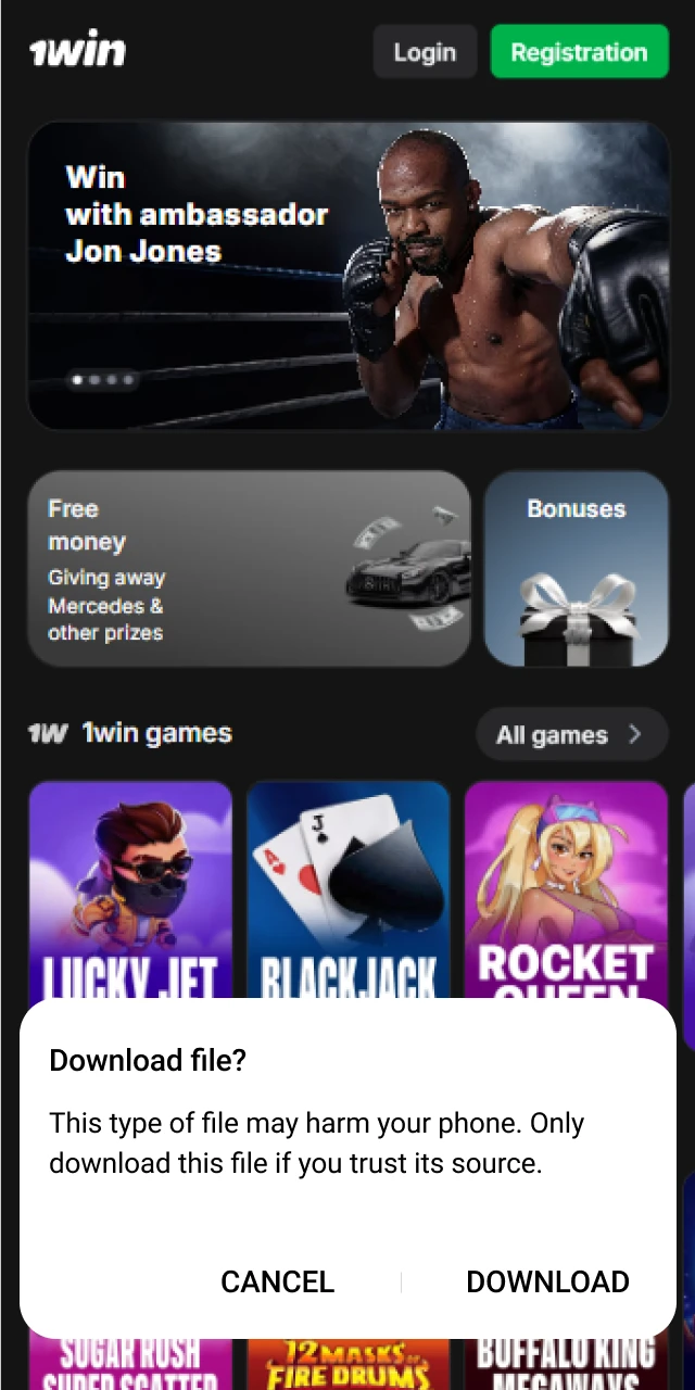 Click agree on the pop-up to download the 1win Android App.