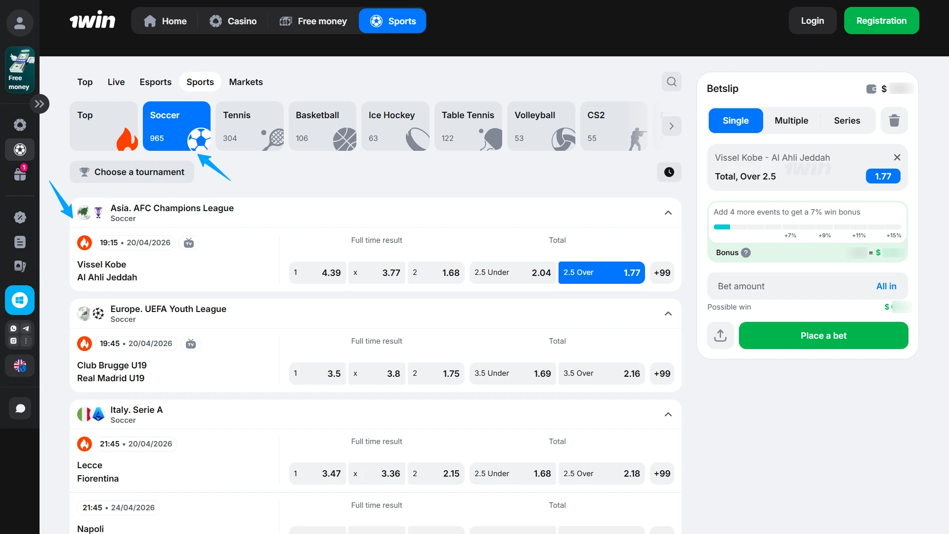 Pick your 1win sports betting match and join the online casino.